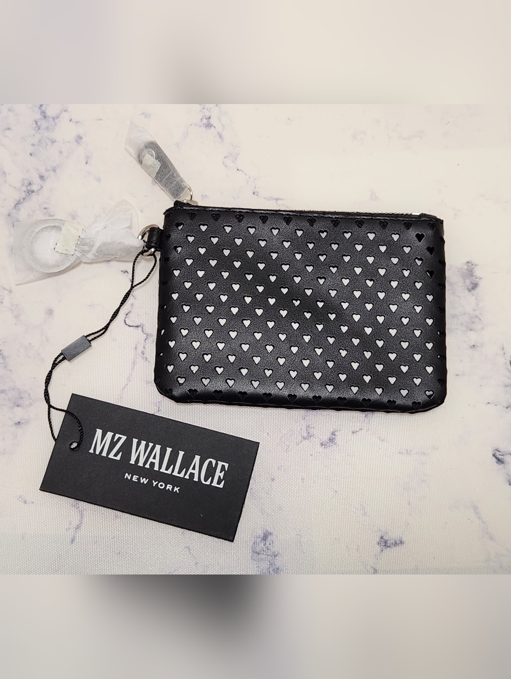 MZ Wallace Flat Key Pouch Valentines Perforated Heart Black